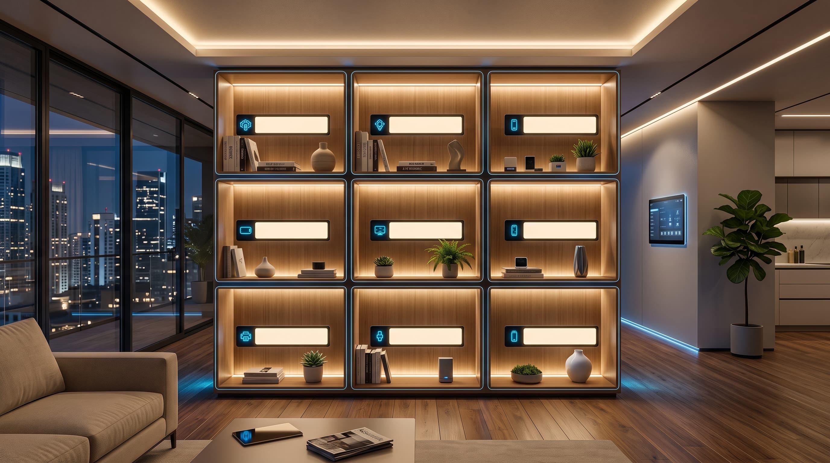 A warm premium smart-home living room with an illuminated interactive shelving wall