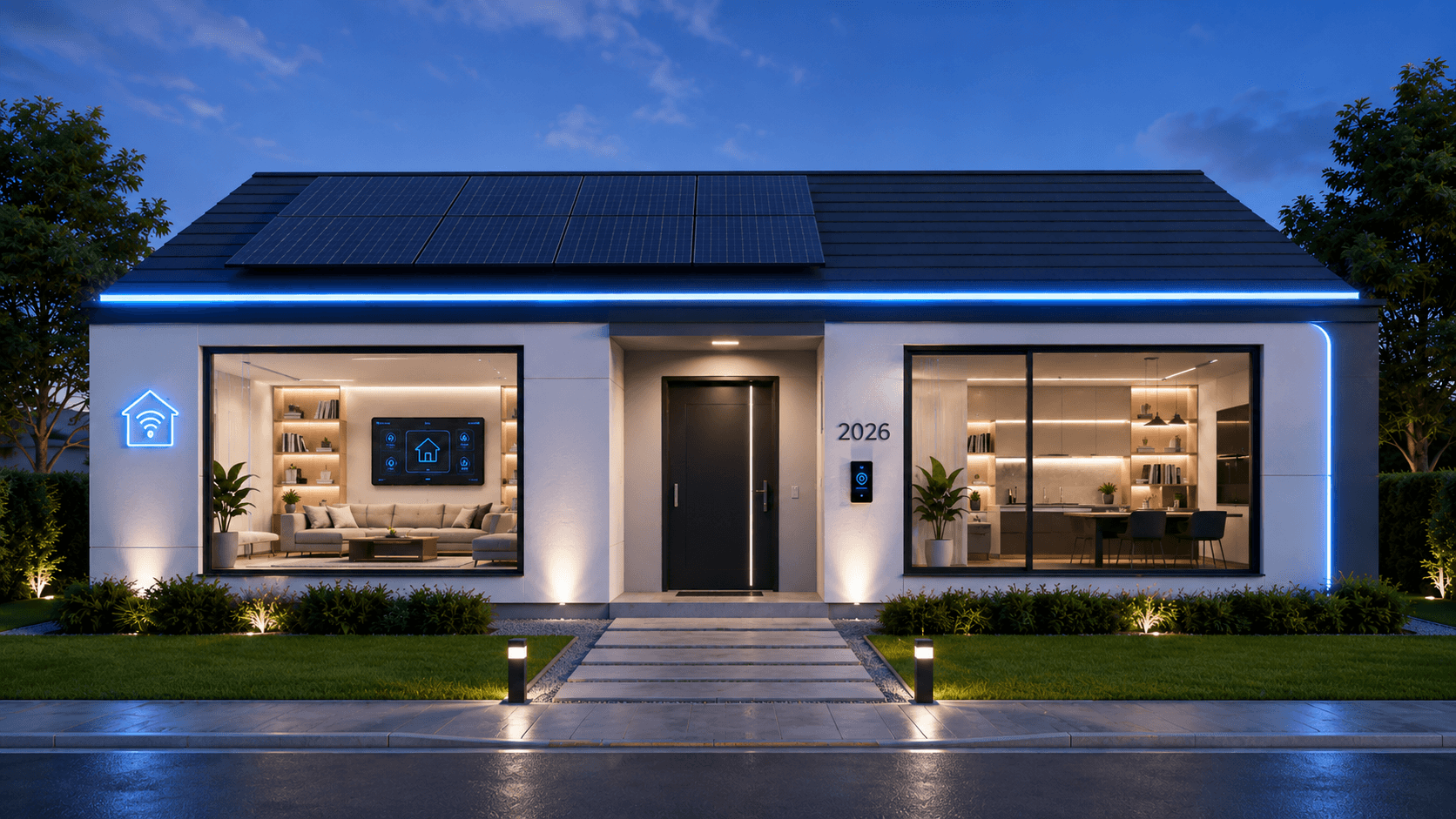A premium modern smart house at blue hour with a central black front door and glowing blue architectural lights