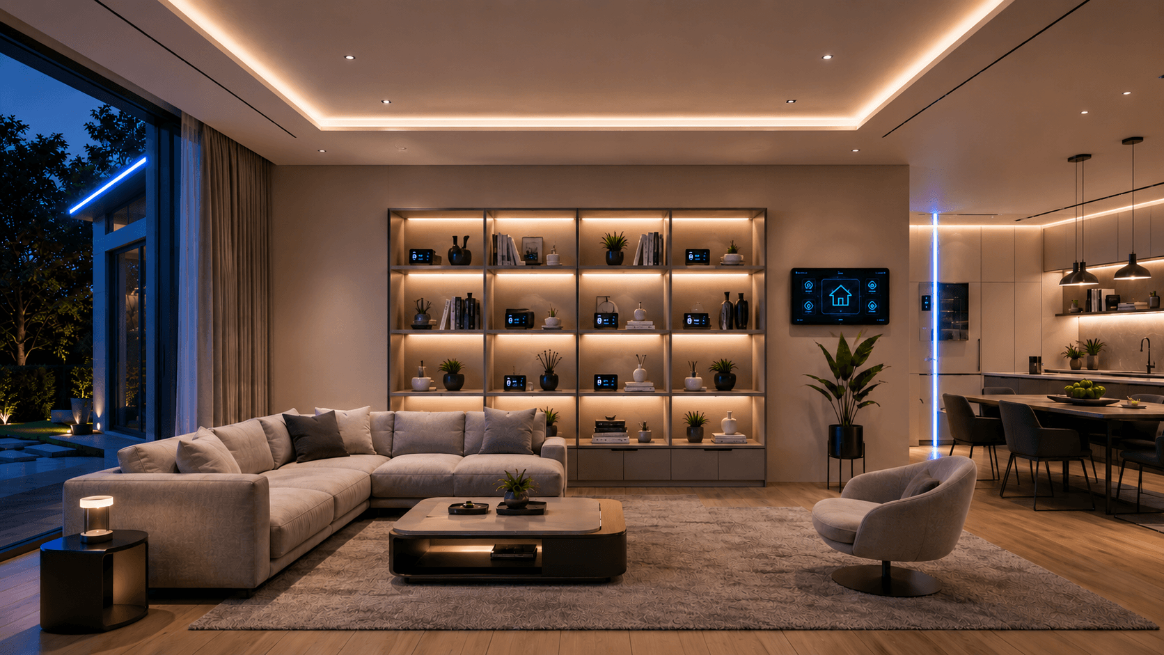 A warm premium smart-home living room with an illuminated interactive shelving wall
